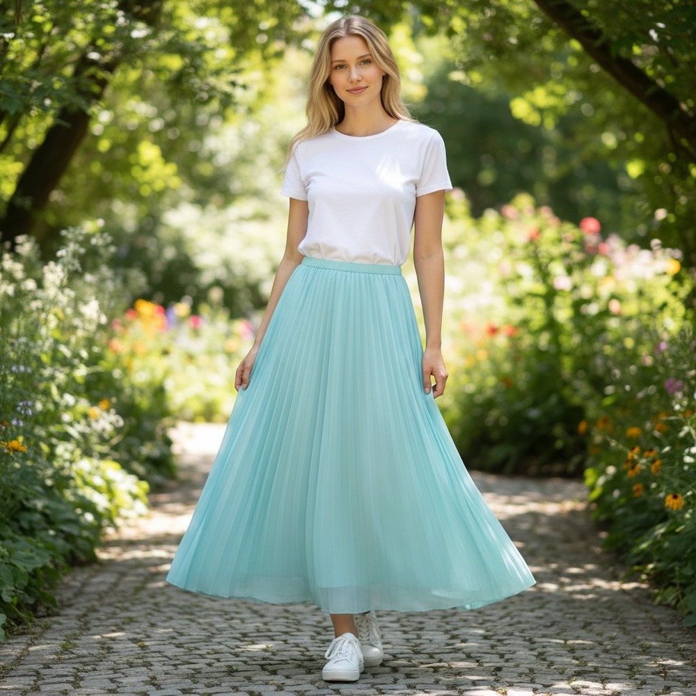 Cal Style Boho Maxi Skirt Womens XL Blue Knife Pleat Long Made in USA‎ NWT
